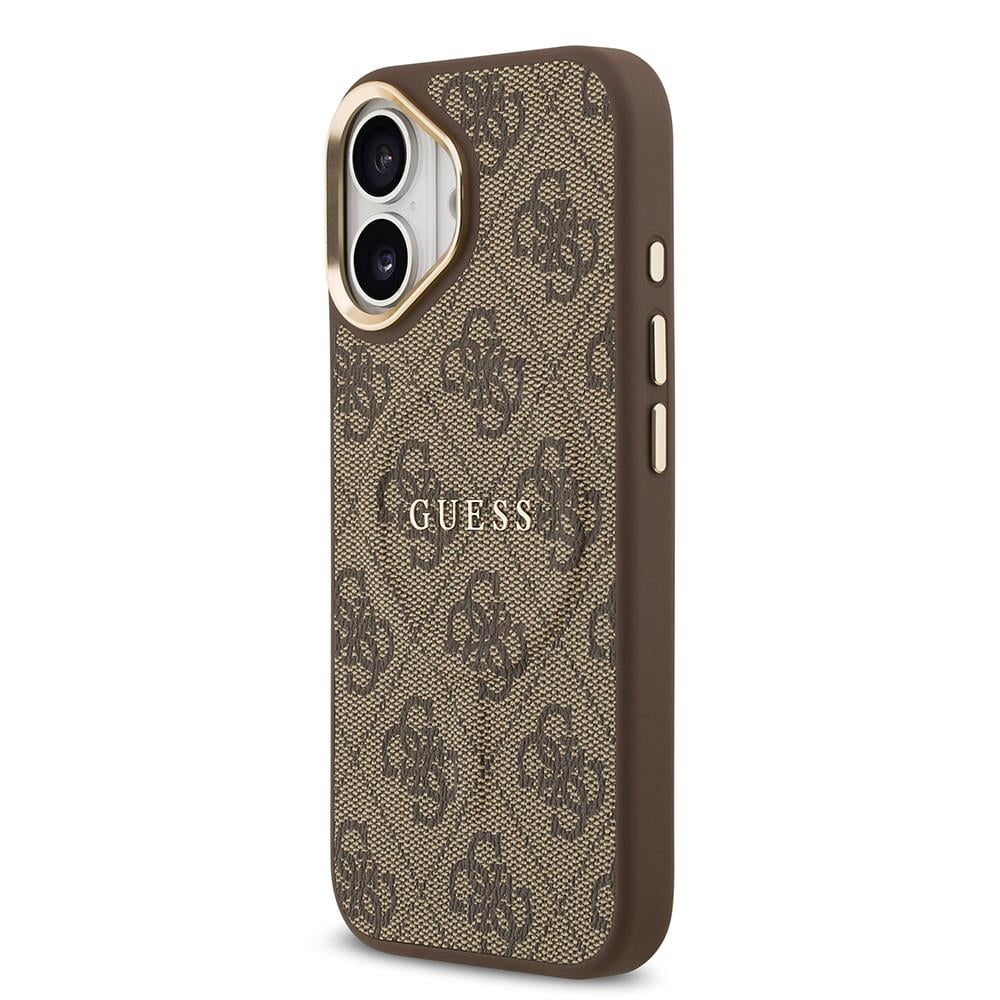 Apple iPhone 17 Kılıf Guess Orjinal Lisanslı M-safe Şarj Özellikli Gold Metal Kamera Çerçeveli PU Deri 4G Desenli Yazı Logolu Kapak