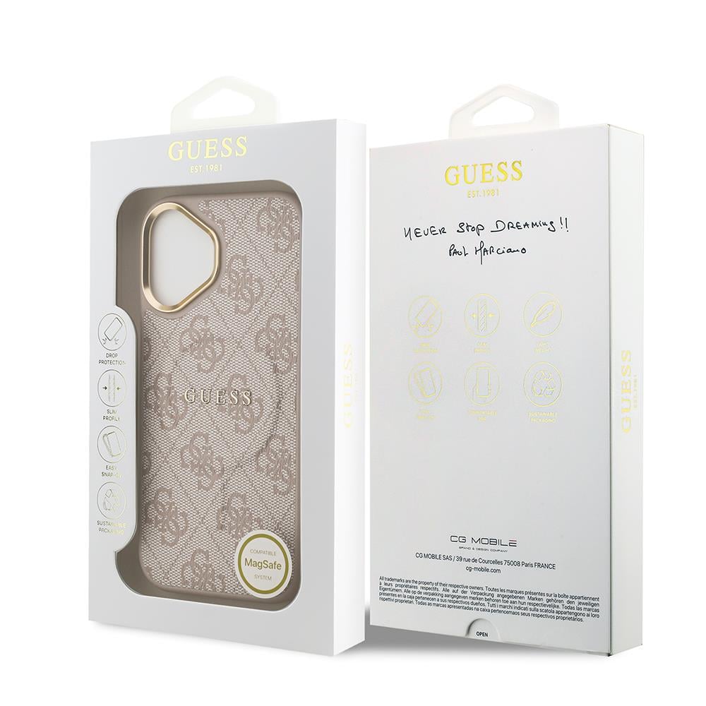 Apple iPhone 17 Kılıf Guess Orjinal Lisanslı M-safe Şarj Özellikli Gold Metal Kamera Çerçeveli PU Deri 4G Desenli Yazı Logolu Kapak