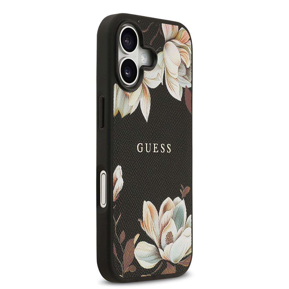 Apple iPhone 17 Kılıf Guess Orjinal Lisanslı M-safe Şarj Özellikli Taneli Çiçek Tasarımlı Metal Yazı Logolu Kapak