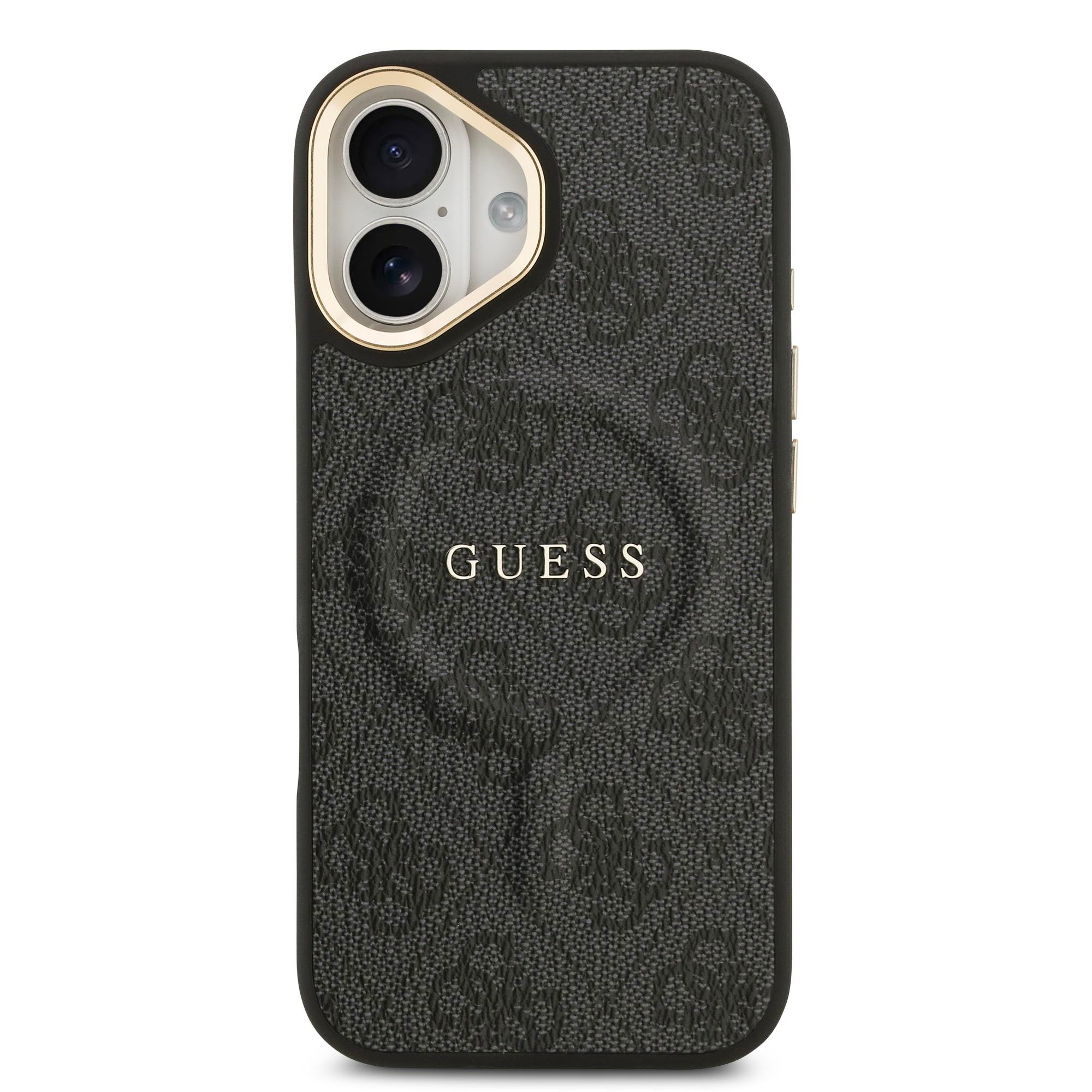 Apple iPhone 17 Kılıf Guess Orjinal Lisanslı M-safe Şarj Özellikli Gold Metal Kamera Çerçeveli PU Deri 4G Desenli Yazı Logolu Kapak