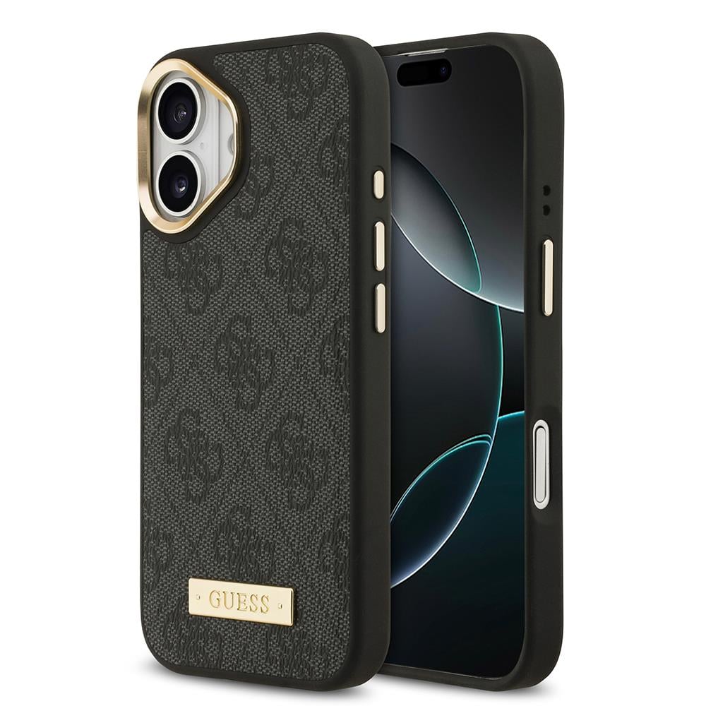 Apple iPhone 17 Kılıf Guess Orjinal Lisanslı M-safe Şarj Özellikli 4G Desenli PU Metal Plaka Klasik Logolu Kapak