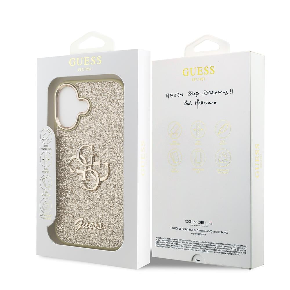 Apple iPhone 17 Kılıf Guess Orjinal Lisanslı 4G Büyük Metal Kamera Çerçeveli ve Logolu Glitter Kapak