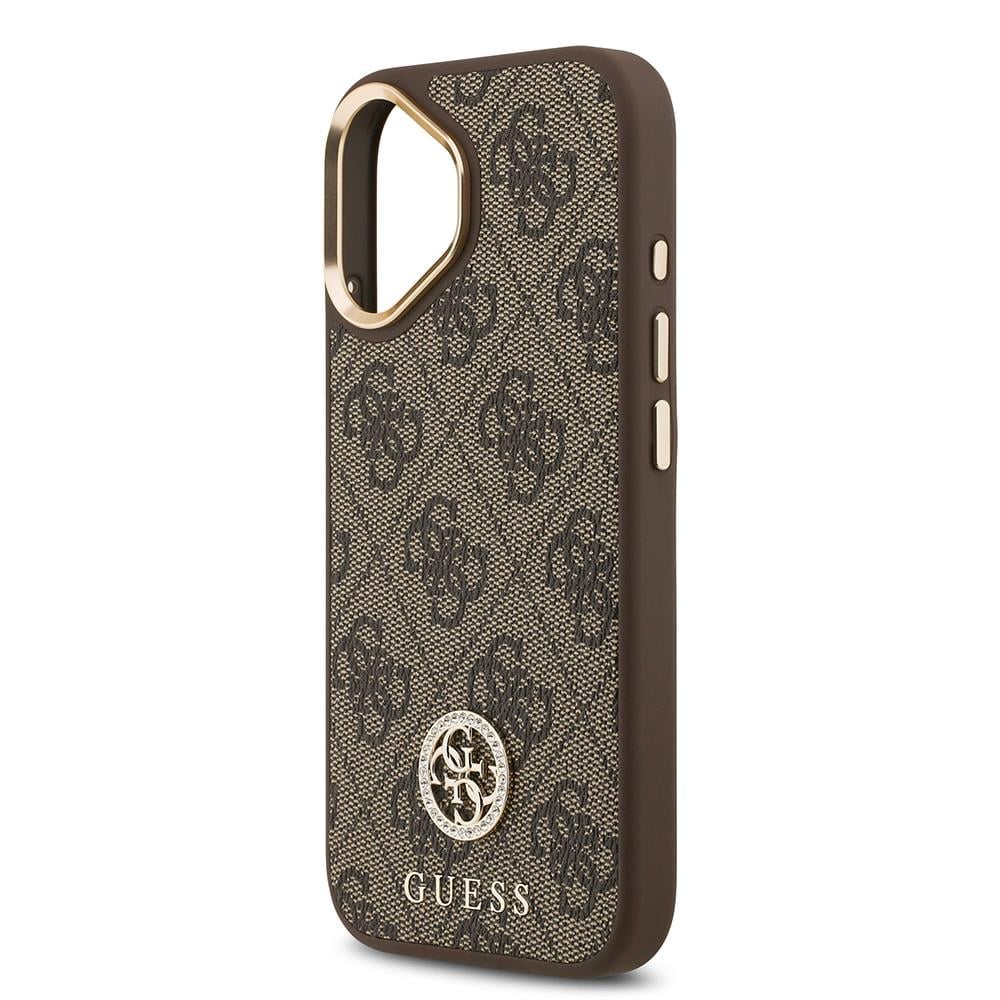 Apple iPhone 17 Kılıf Guess Orjinal Lisanslı M-safe Şarj Özellikli Gold Metal Kamera Çerçeveli Taşlı 4G Logolu Kapak