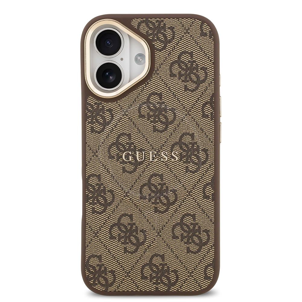 Apple iPhone 17 Kılıf Guess Orjinal Lisanslı M-safe Şarj Özellikli Gold Metal Kamera Çerçeveli PU Deri 4G Desenli Yazı Logolu Kapak