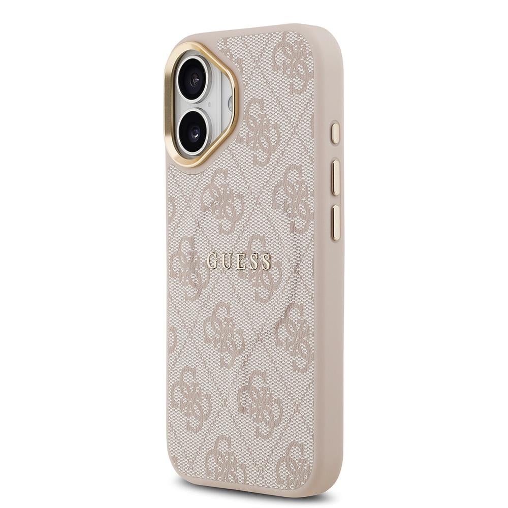Apple iPhone 17 Kılıf Guess Orjinal Lisanslı M-safe Şarj Özellikli Gold Metal Kamera Çerçeveli PU Deri 4G Desenli Yazı Logolu Kapak