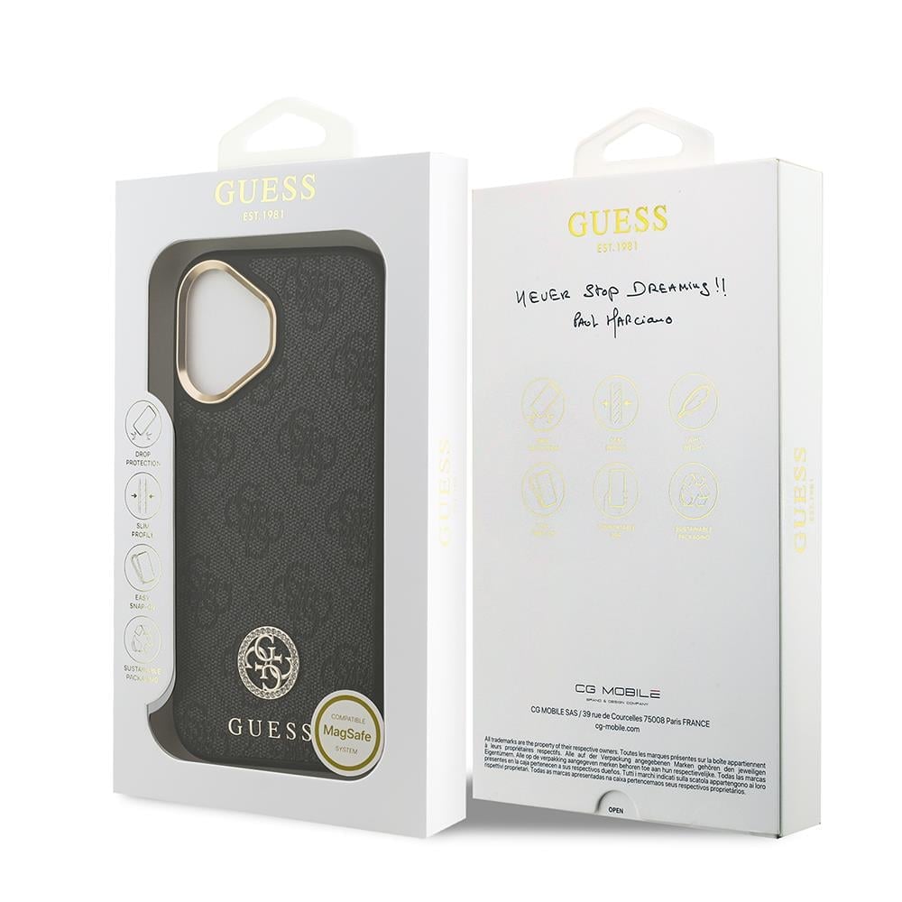 Apple iPhone 17 Kılıf Guess Orjinal Lisanslı M-safe Şarj Özellikli Gold Metal Kamera Çerçeveli Taşlı 4G Logolu Kapak