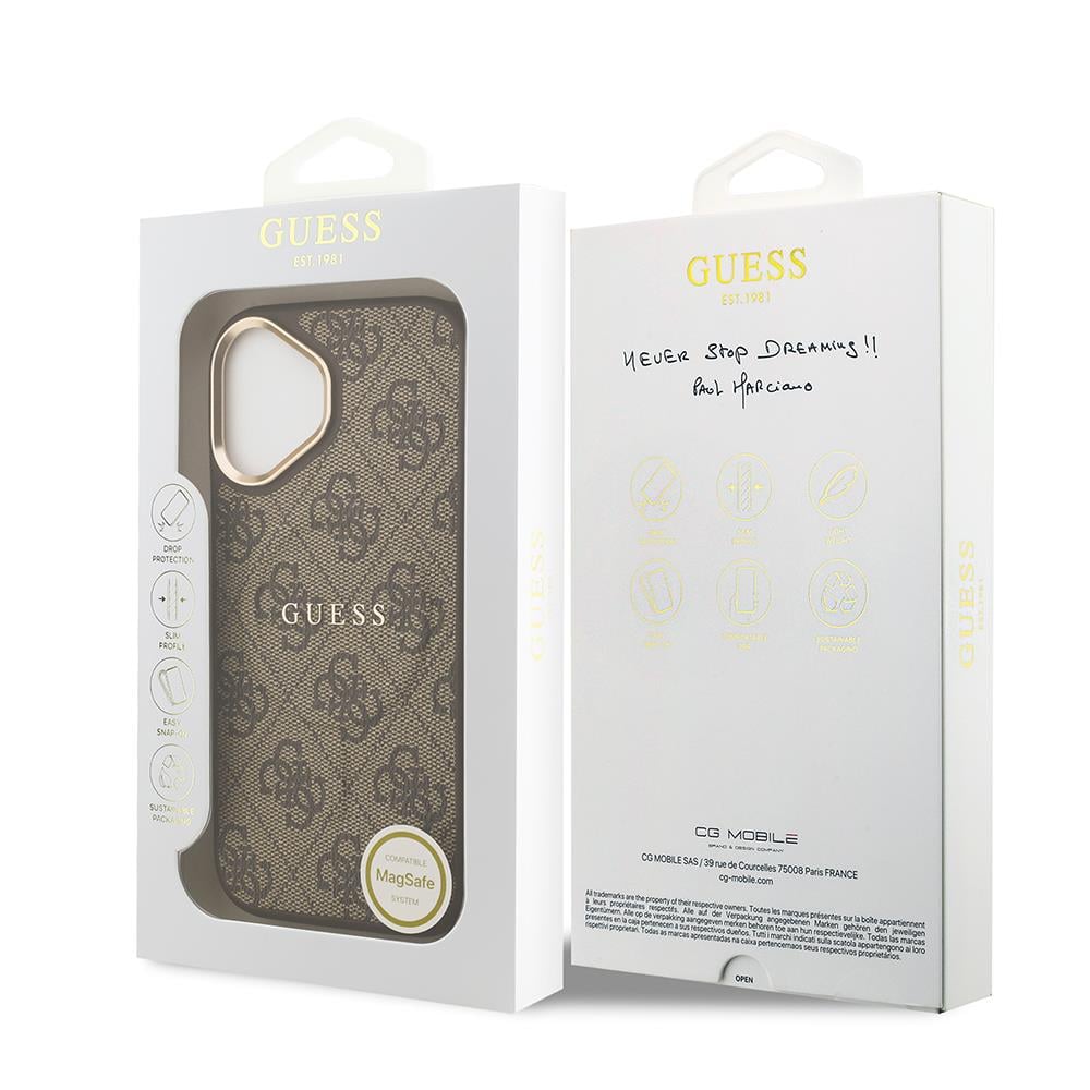 Apple iPhone 17 Kılıf Guess Orjinal Lisanslı M-safe Şarj Özellikli Gold Metal Kamera Çerçeveli PU Deri 4G Desenli Yazı Logolu Kapak