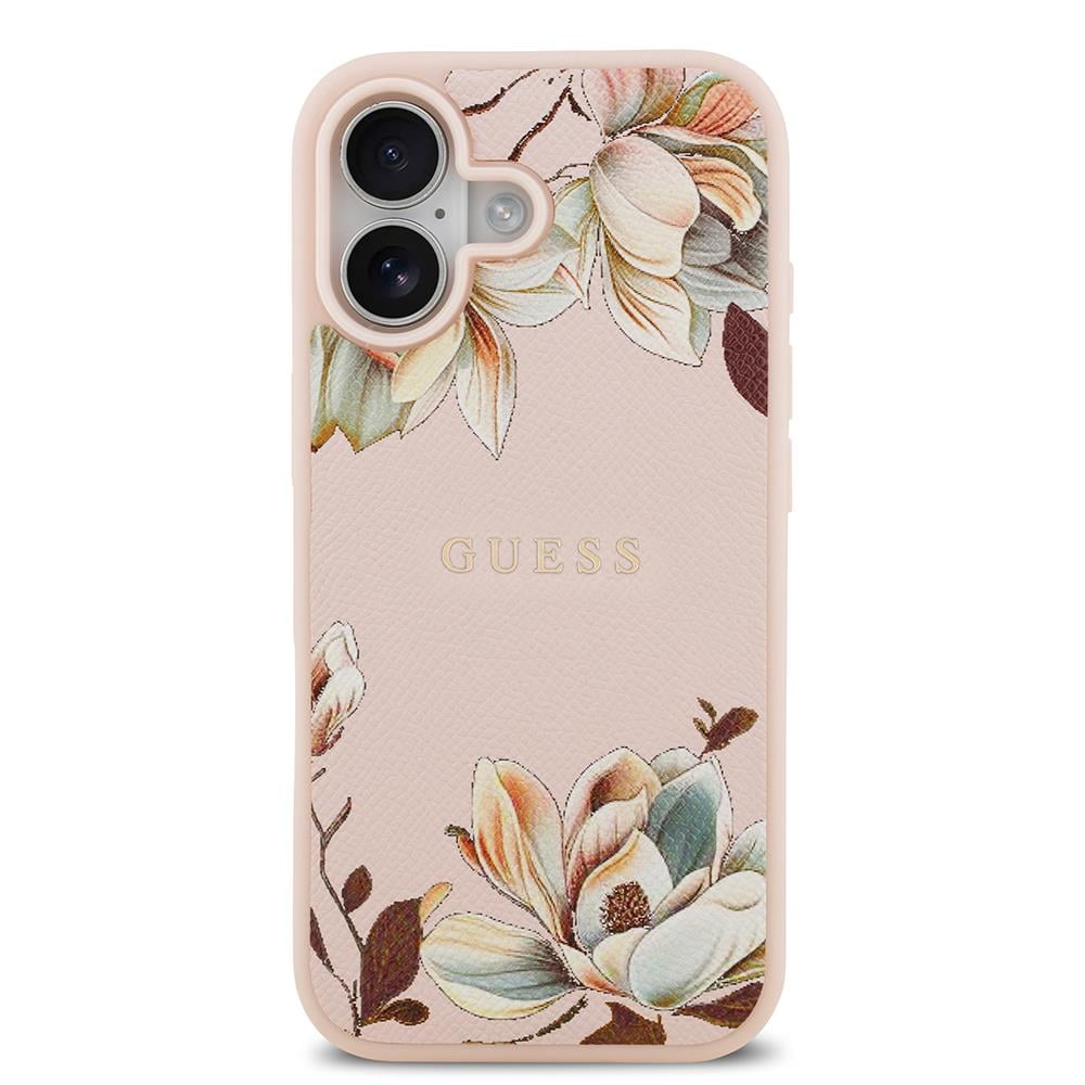 Apple iPhone 17 Kılıf Guess Orjinal Lisanslı M-safe Şarj Özellikli Taneli Çiçek Tasarımlı Metal Yazı Logolu Kapak