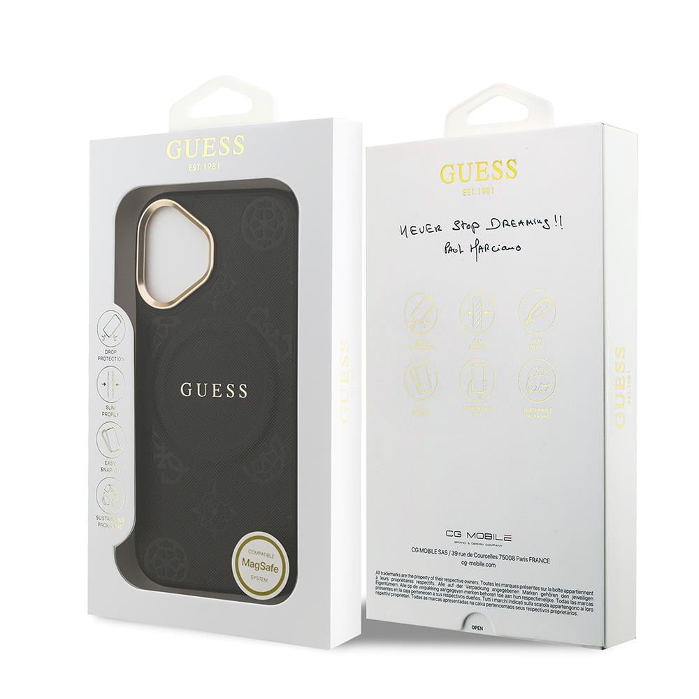 Apple iPhone 17 Kılıf Guess Orjinal Lisanslı M-safe Şarj Özellikli Sıcak Baskılı Yazı Logolu PU Deri Peony Kapak