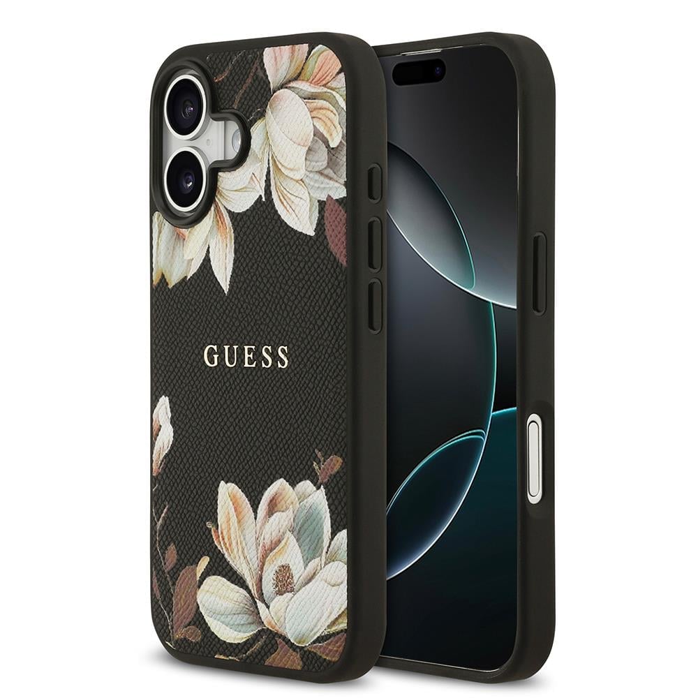 Apple iPhone 17 Kılıf Guess Orjinal Lisanslı M-safe Şarj Özellikli Taneli Çiçek Tasarımlı Metal Yazı Logolu Kapak