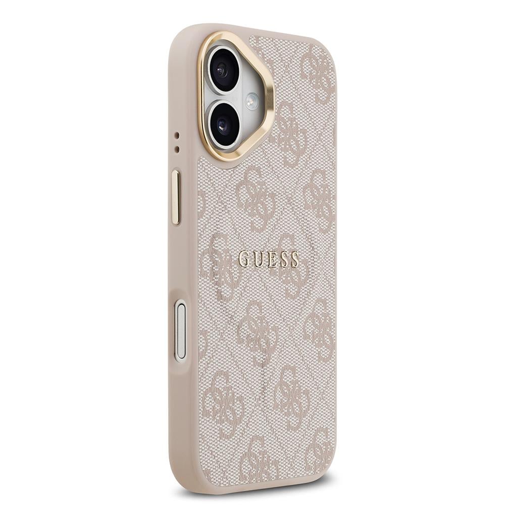 Apple iPhone 17 Kılıf Guess Orjinal Lisanslı M-safe Şarj Özellikli Gold Metal Kamera Çerçeveli PU Deri 4G Desenli Yazı Logolu Kapak