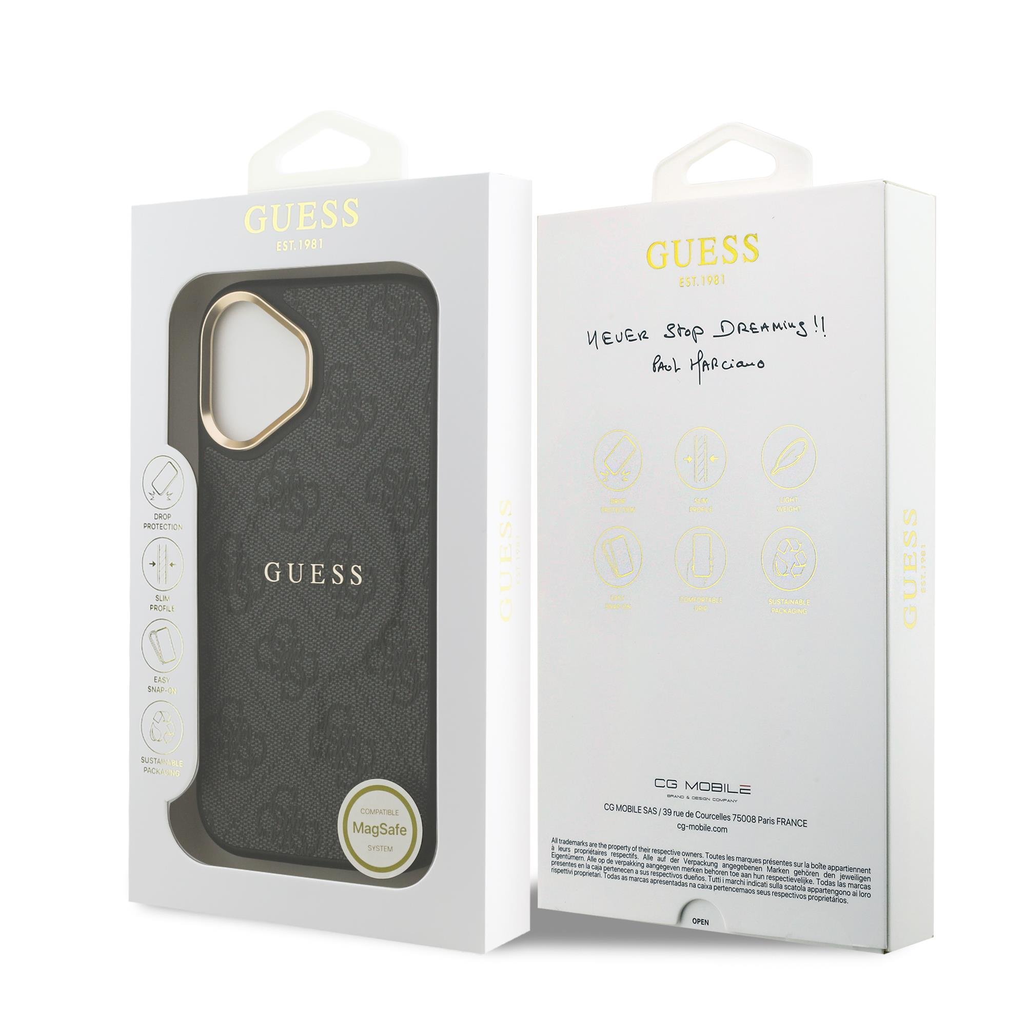 Apple iPhone 17 Kılıf Guess Orjinal Lisanslı M-safe Şarj Özellikli Gold Metal Kamera Çerçeveli PU Deri 4G Desenli Yazı Logolu Kapak
