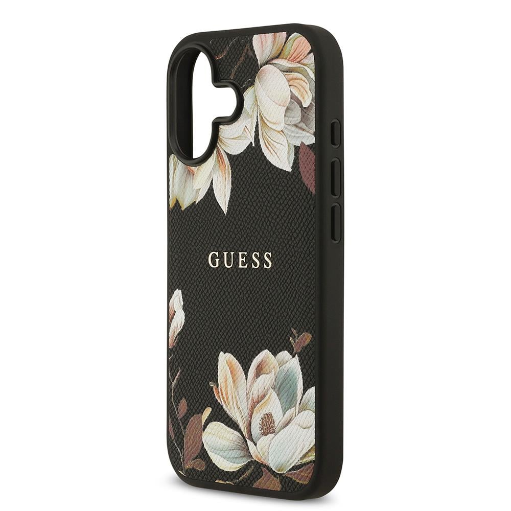 Apple iPhone 17 Kılıf Guess Orjinal Lisanslı M-safe Şarj Özellikli Taneli Çiçek Tasarımlı Metal Yazı Logolu Kapak