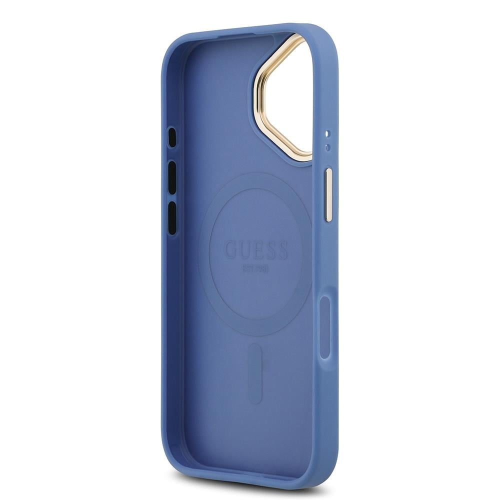 Apple iPhone 17 Kılıf Guess Orjinal Lisanslı M-safe Şarj Özellikli Gold Metal Kamera Çerçeveli PU Deri 4G Desenli Yazı Logolu Kapak