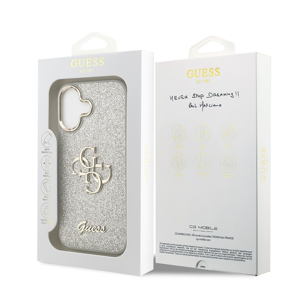 Apple iPhone 17 Kılıf Guess Orjinal Lisanslı 4G Büyük Metal Kamera Çerçeveli ve Logolu Glitter Kapak