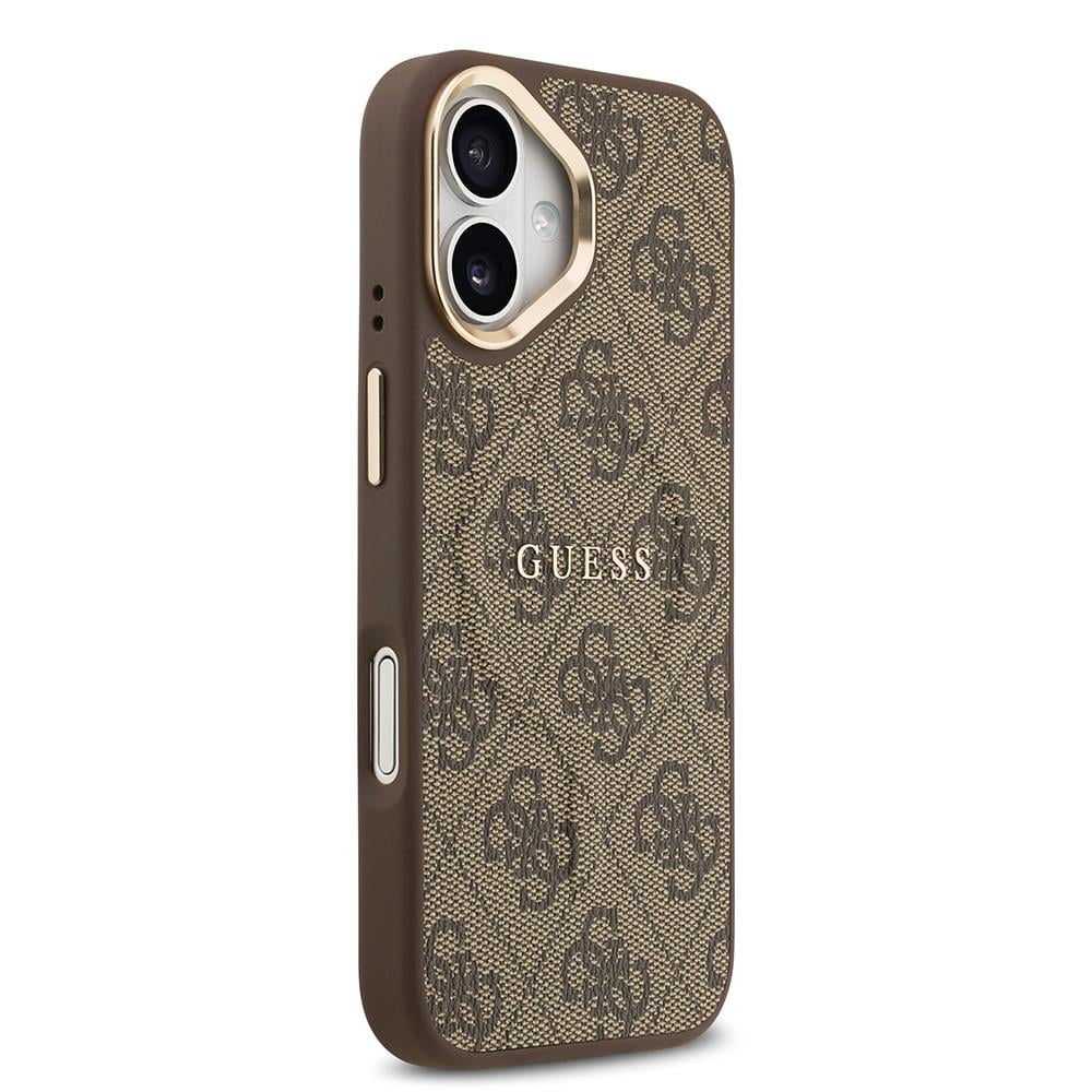 Apple iPhone 17 Kılıf Guess Orjinal Lisanslı M-safe Şarj Özellikli Gold Metal Kamera Çerçeveli PU Deri 4G Desenli Yazı Logolu Kapak