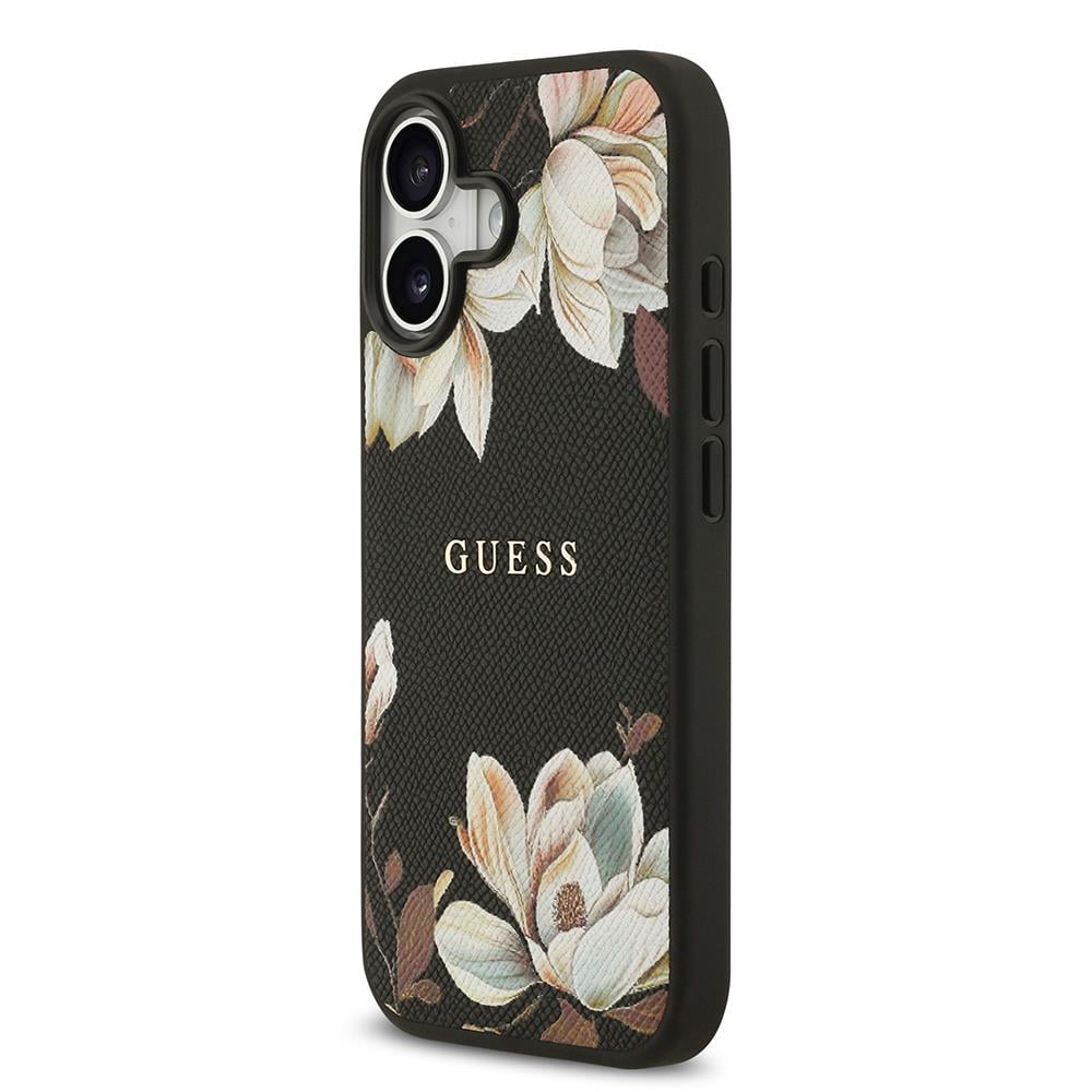 Apple iPhone 17 Kılıf Guess Orjinal Lisanslı M-safe Şarj Özellikli Taneli Çiçek Tasarımlı Metal Yazı Logolu Kapak
