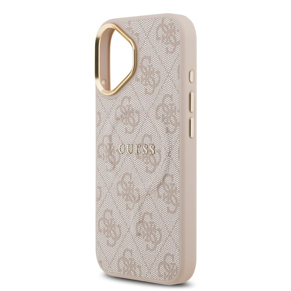 Apple iPhone 17 Kılıf Guess Orjinal Lisanslı M-safe Şarj Özellikli Gold Metal Kamera Çerçeveli PU Deri 4G Desenli Yazı Logolu Kapak