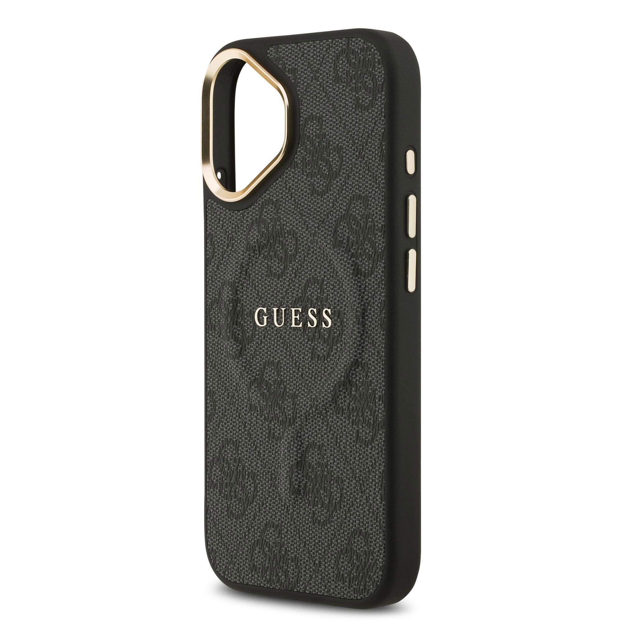 Apple iPhone 17 Kılıf Guess Orjinal Lisanslı M-safe Şarj Özellikli Gold Metal Kamera Çerçeveli PU Deri 4G Desenli Yazı Logolu Kapak