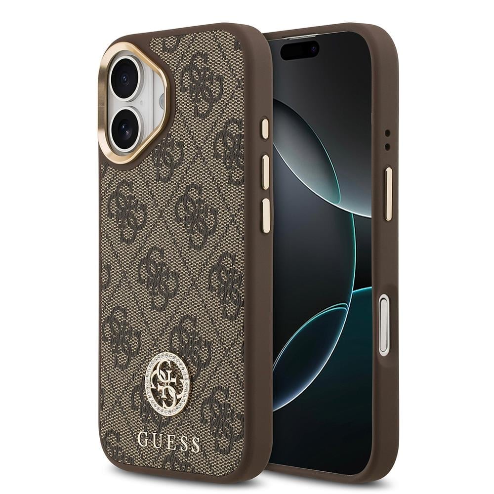 Apple iPhone 17 Kılıf Guess Orjinal Lisanslı M-safe Şarj Özellikli Gold Metal Kamera Çerçeveli Taşlı 4G Logolu Kapak