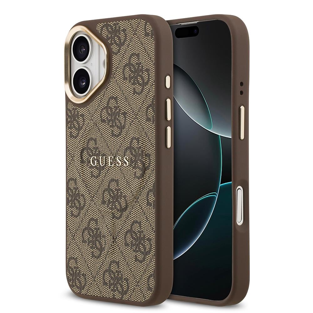 Apple iPhone 17 Kılıf Guess Orjinal Lisanslı M-safe Şarj Özellikli Gold Metal Kamera Çerçeveli PU Deri 4G Desenli Yazı Logolu Kapak