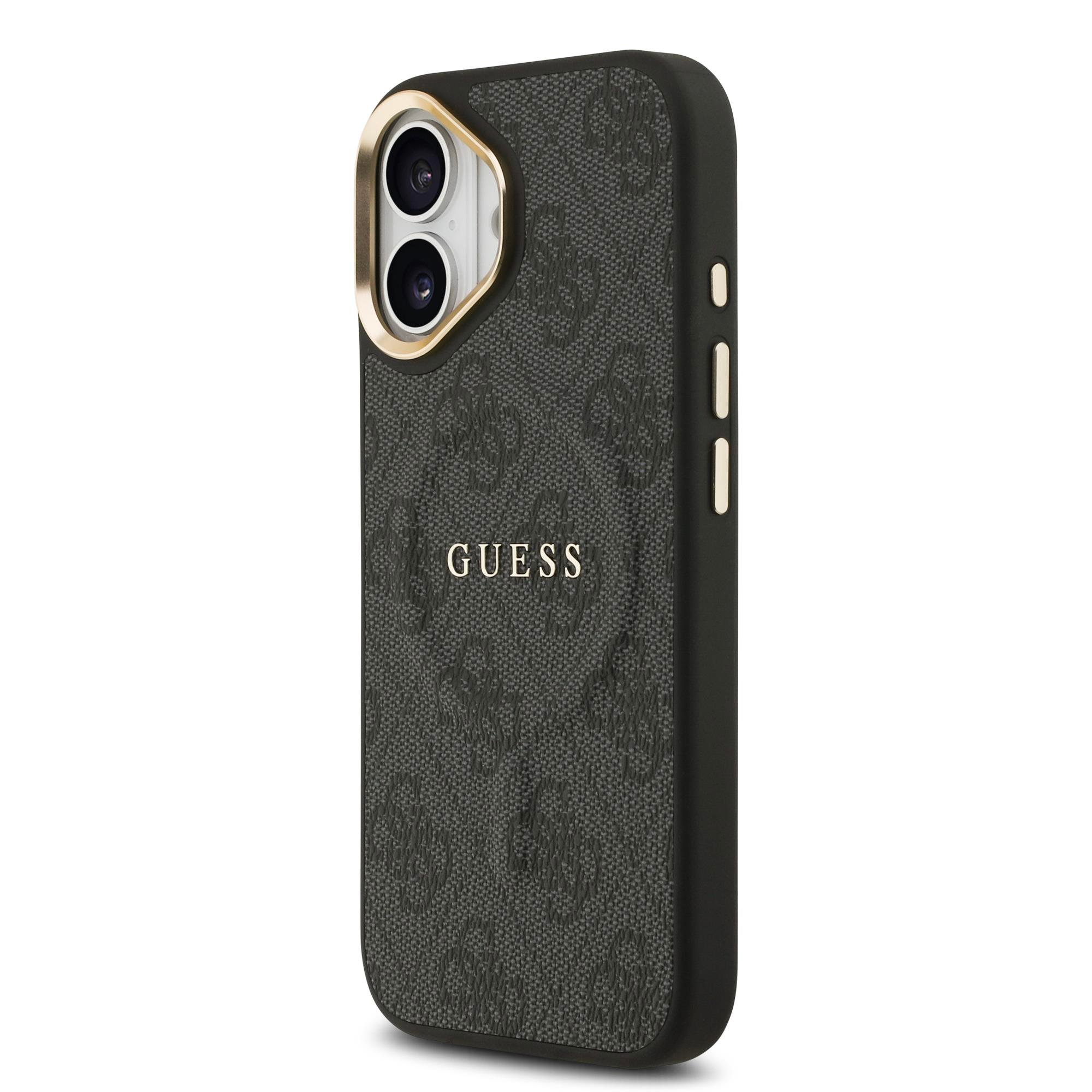 Apple iPhone 17 Kılıf Guess Orjinal Lisanslı M-safe Şarj Özellikli Gold Metal Kamera Çerçeveli PU Deri 4G Desenli Yazı Logolu Kapak