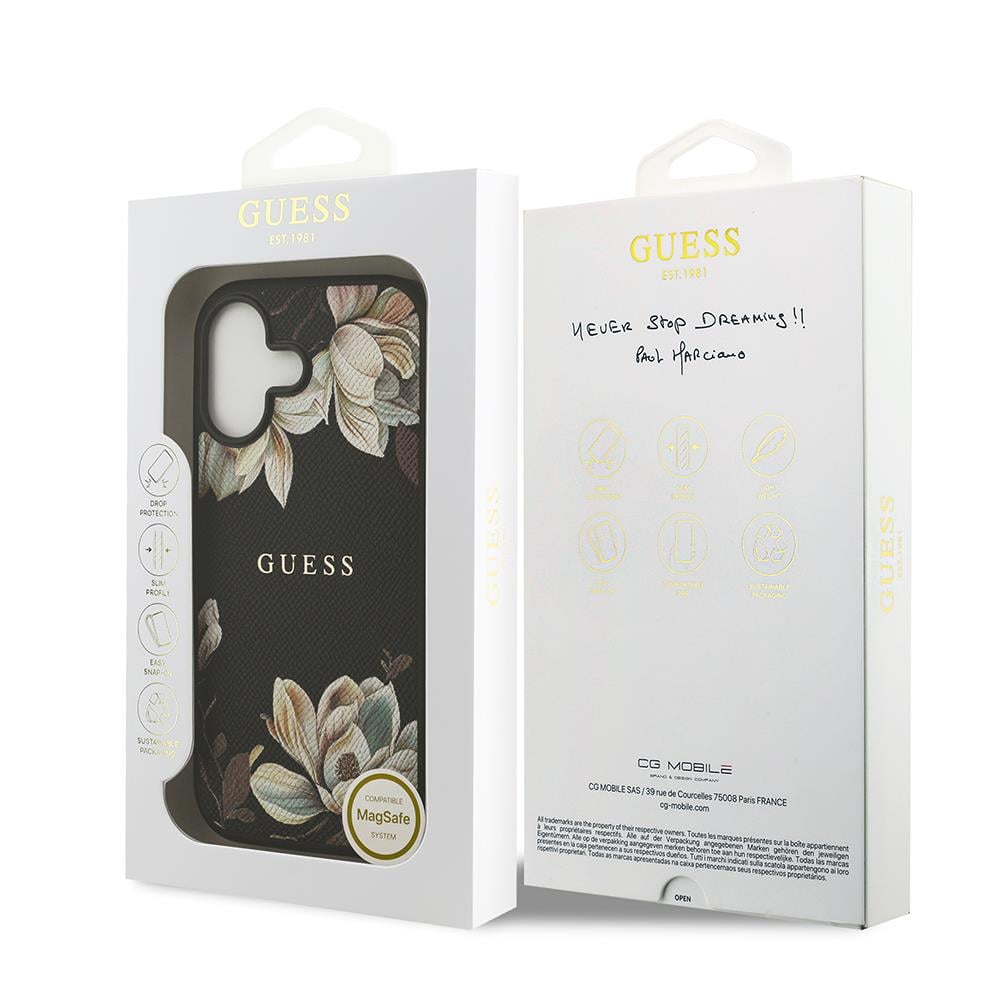 Apple iPhone 17 Kılıf Guess Orjinal Lisanslı M-safe Şarj Özellikli Taneli Çiçek Tasarımlı Metal Yazı Logolu Kapak