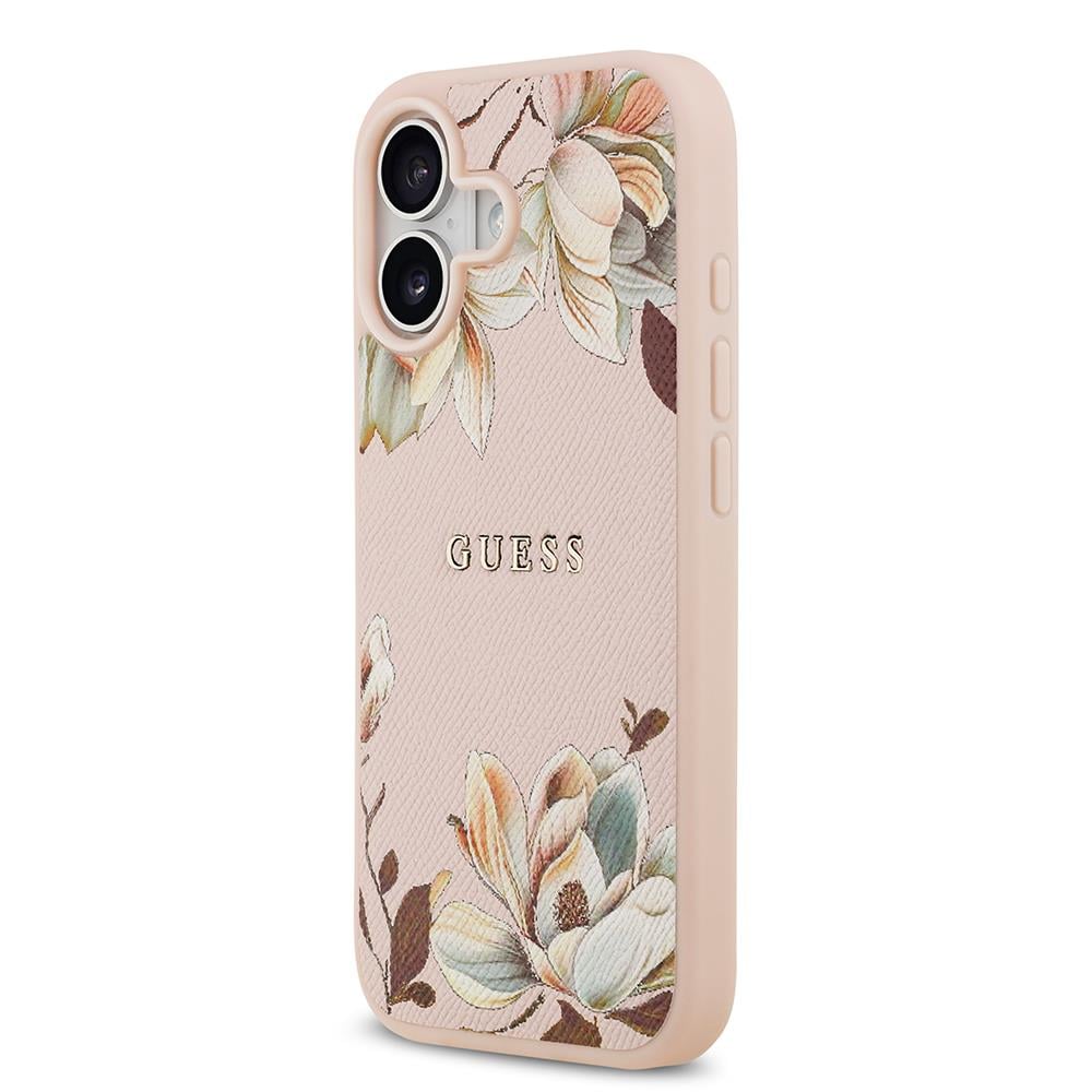 Apple iPhone 17 Kılıf Guess Orjinal Lisanslı M-safe Şarj Özellikli Taneli Çiçek Tasarımlı Metal Yazı Logolu Kapak