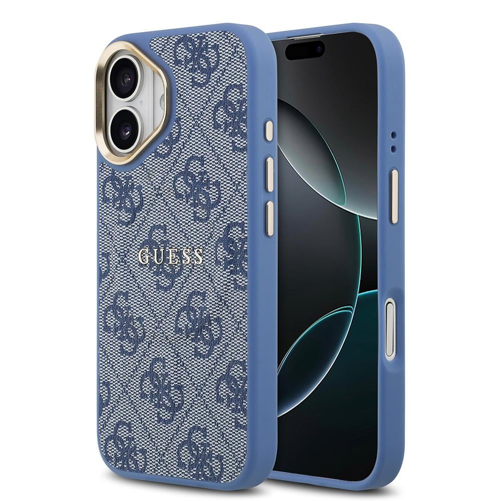 Apple iPhone 17 Kılıf Guess Orjinal Lisanslı M-safe Şarj Özellikli Gold Metal Kamera Çerçeveli PU Deri 4G Desenli Yazı Logolu Kapak