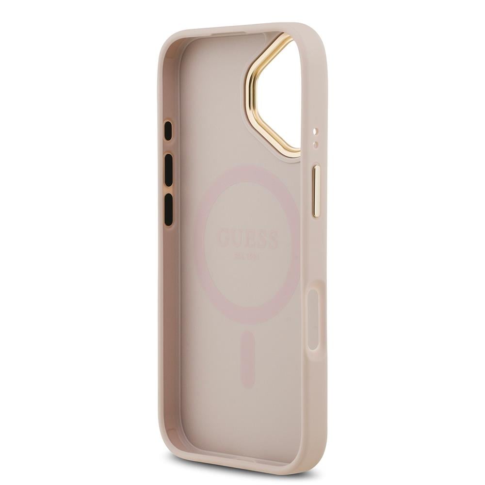 Apple iPhone 17 Kılıf Guess Orjinal Lisanslı M-safe Şarj Özellikli Gold Metal Kamera Çerçeveli PU Deri 4G Desenli Yazı Logolu Kapak