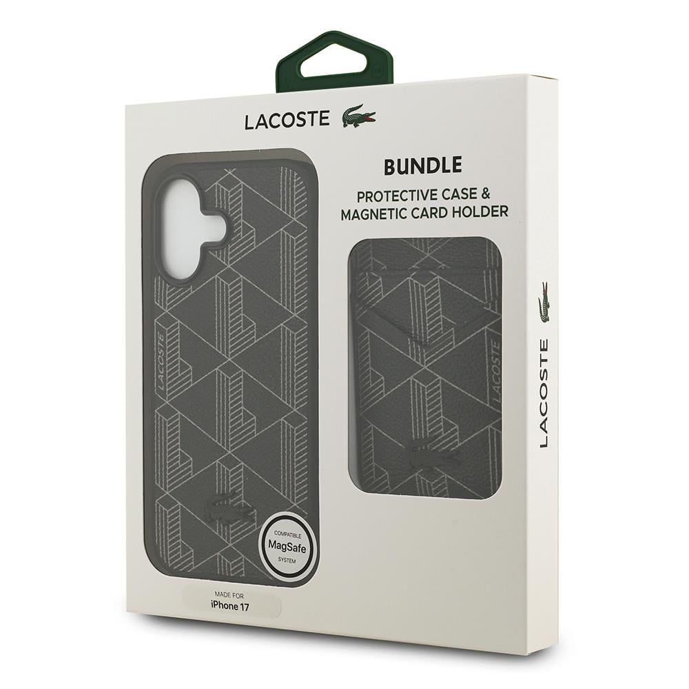 Apple iPhone 17 Kılıf Lacoste Orjinal Lisanslı M-safe Şarj Özellikli PU Deri Tasarımlı Kartlıklı Karışık Monogram Desenli Kapak