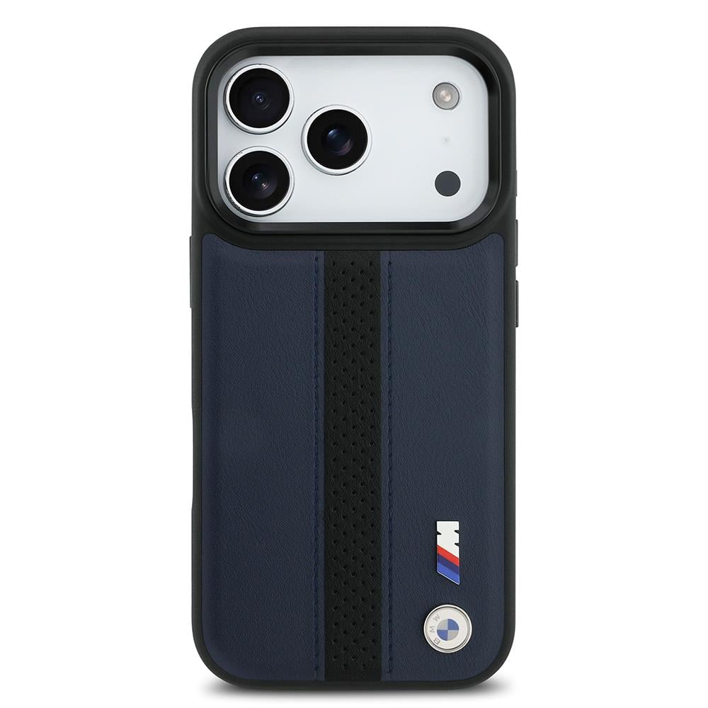 Apple iPhone 17 Pro Kılıf BMW Orjinal Lisanslı M-safe Şarj Özellikli Deri Arka Yüzey Metal Logolu Delikli Şerit Tasarımlı Kapak