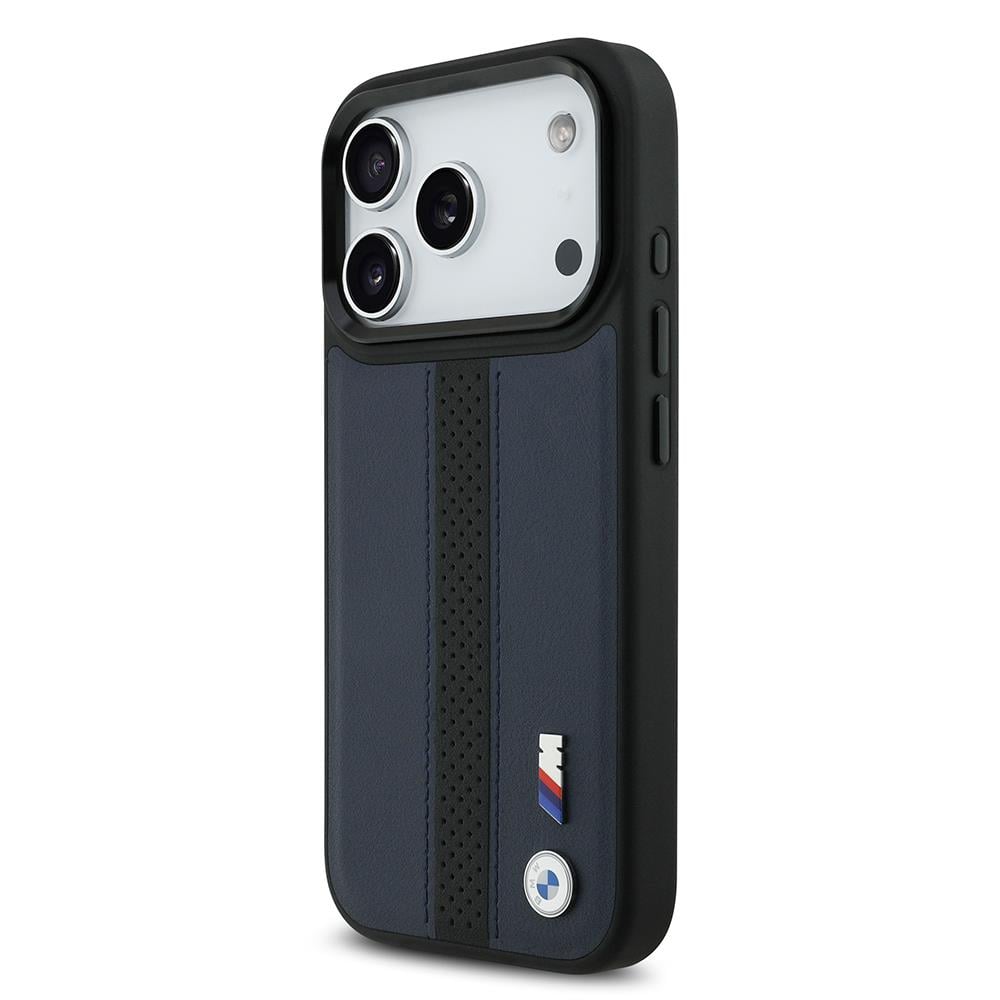 Apple iPhone 17 Pro Kılıf BMW Orjinal Lisanslı M-safe Şarj Özellikli Deri Arka Yüzey Metal Logolu Delikli Şerit Tasarımlı Kapak