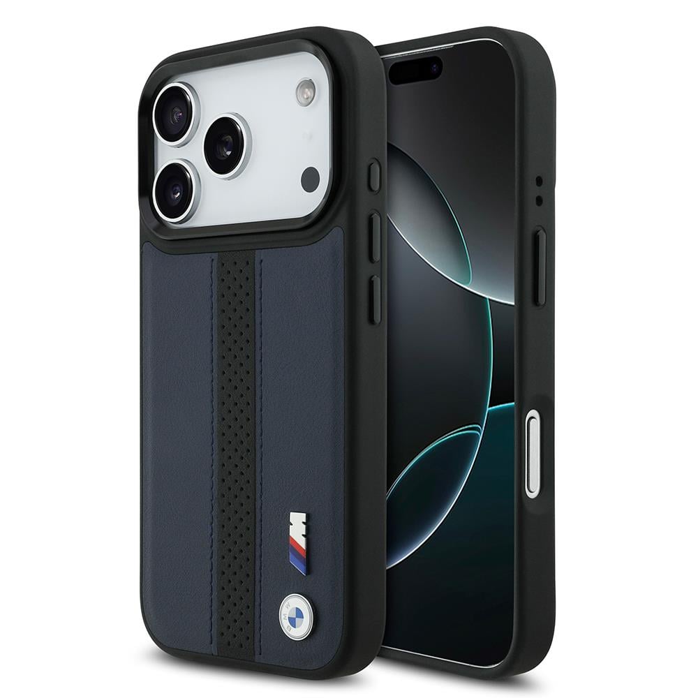 Apple iPhone 17 Pro Kılıf BMW Orjinal Lisanslı M-safe Şarj Özellikli Deri Arka Yüzey Metal Logolu Delikli Şerit Tasarımlı Kapak