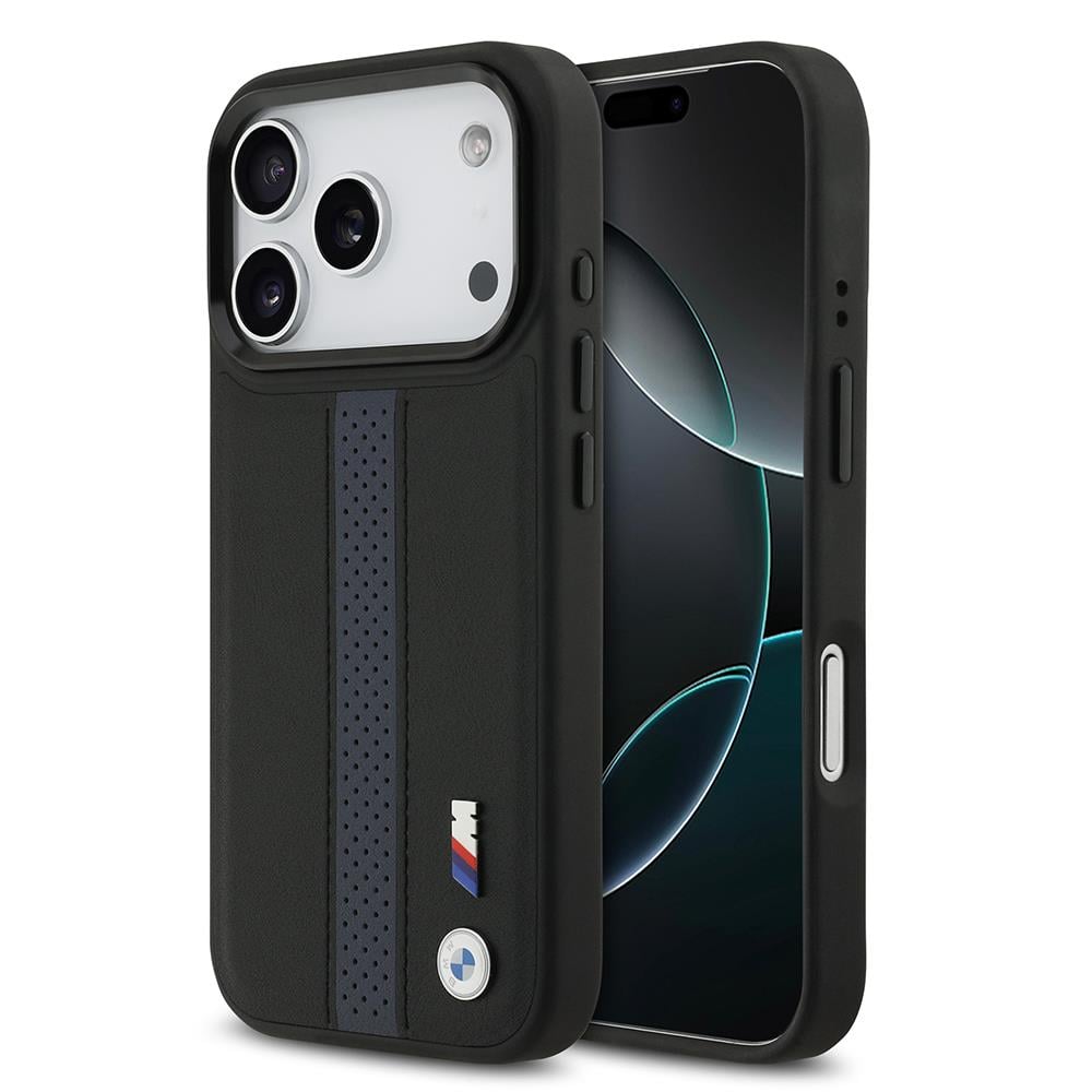 Apple iPhone 17 Pro Kılıf BMW Orjinal Lisanslı M-safe Şarj Özellikli Deri Arka Yüzey Metal Logolu Delikli Şerit Tasarımlı Kapak