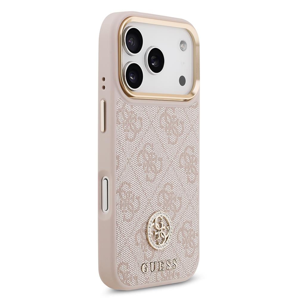 Apple iPhone 17 Pro Kılıf Guess Orjinal Lisanslı M-safe Şarj Özellikli Gold Metal Kamera Çerçeveli Taşlı 4G Logolu Kapak