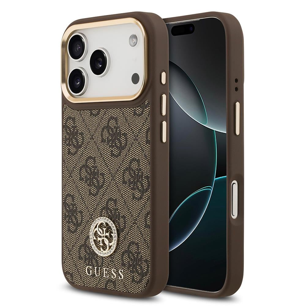 Apple iPhone 17 Pro Kılıf Guess Orjinal Lisanslı M-safe Şarj Özellikli Gold Metal Kamera Çerçeveli Taşlı 4G Logolu Kapak