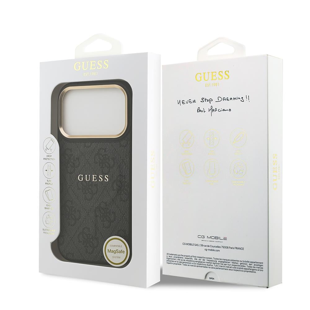 Apple iPhone 17 Pro Kılıf Guess Orjinal Lisanslı M-safe Şarj Özellikli Gold Metal Kamera Çerçeveli PU Deri 4G Desenli Yazı Logolu Kapak