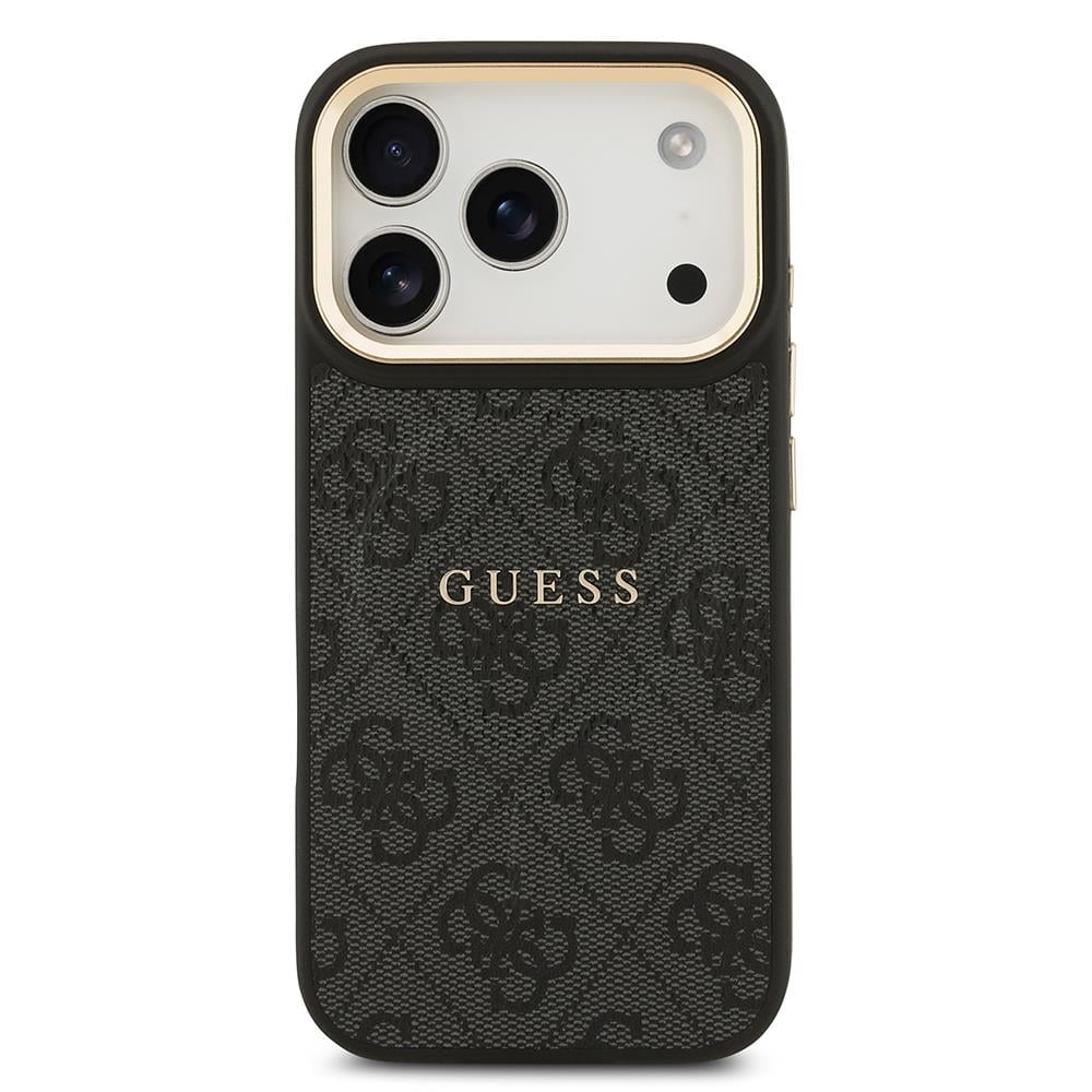 Apple iPhone 17 Pro Kılıf Guess Orjinal Lisanslı M-safe Şarj Özellikli Gold Metal Kamera Çerçeveli PU Deri 4G Desenli Yazı Logolu Kapak