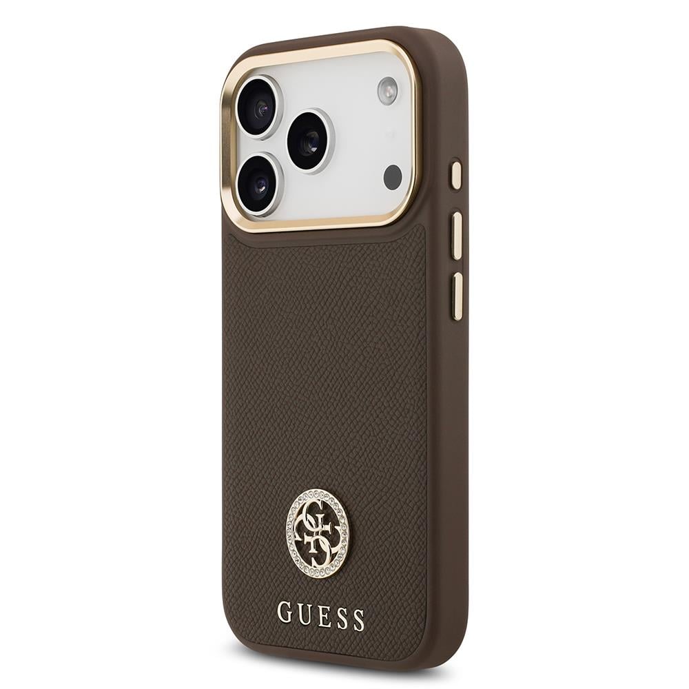 Apple iPhone 17 Pro Kılıf Guess Orjinal Lisanslı M-safe Şarj Özellikli Grained Yazı ve Taşlı 4G Logolu Kapak