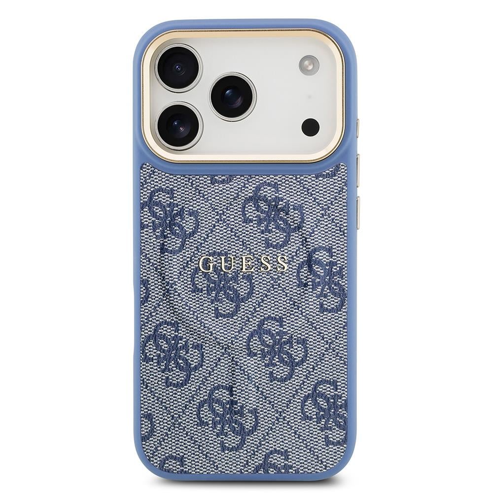 Apple iPhone 17 Pro Kılıf Guess Orjinal Lisanslı M-safe Şarj Özellikli Gold Metal Kamera Çerçeveli PU Deri 4G Desenli Yazı Logolu Kapak