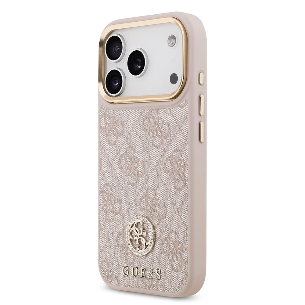 Apple iPhone 17 Pro Kılıf Guess Orjinal Lisanslı M-safe Şarj Özellikli Gold Metal Kamera Çerçeveli Taşlı 4G Logolu Kapak