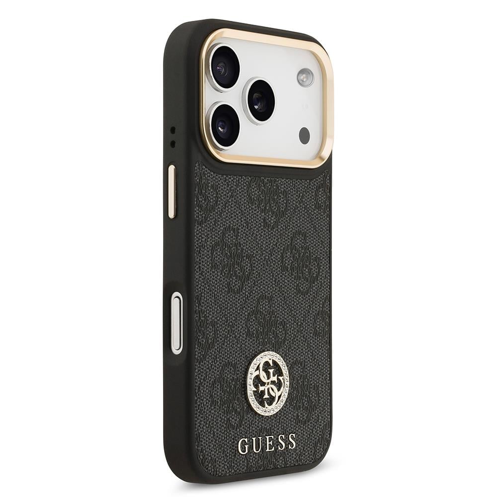 Apple iPhone 17 Pro Kılıf Guess Orjinal Lisanslı M-safe Şarj Özellikli Gold Metal Kamera Çerçeveli Taşlı 4G Logolu Kapak