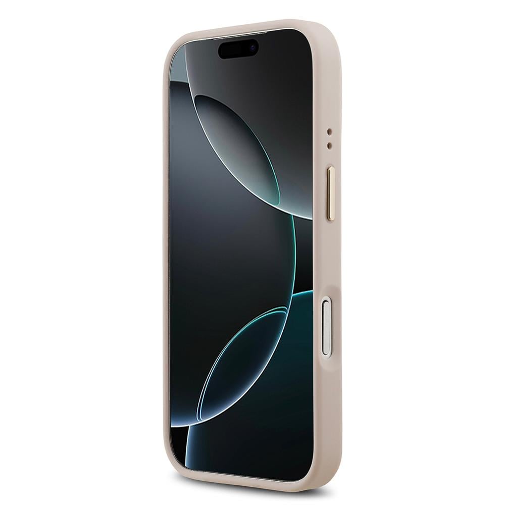 Apple iPhone 17 Pro Kılıf Guess Orjinal Lisanslı M-safe Şarj Özellikli Gold Metal Kamera Çerçeveli PU Deri 4G Desenli Yazı Logolu Kapak