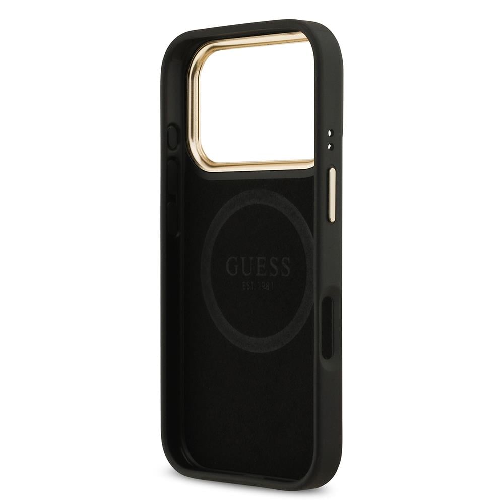 Apple iPhone 17 Pro Kılıf Guess Orjinal Lisanslı M-safe Şarj Özellikli 4G Desenli PU Metal Plaka Klasik Logolu Kapak