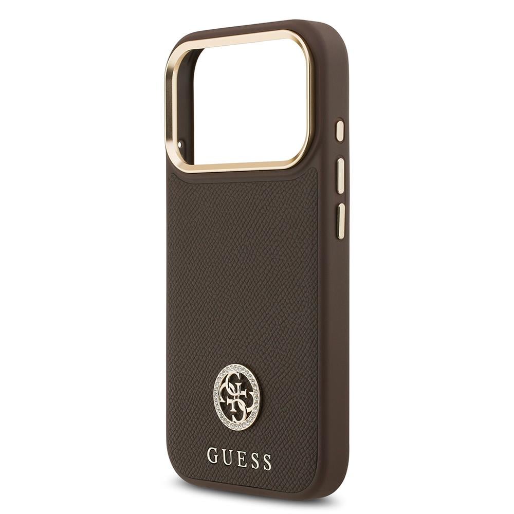 Apple iPhone 17 Pro Kılıf Guess Orjinal Lisanslı M-safe Şarj Özellikli Grained Yazı ve Taşlı 4G Logolu Kapak