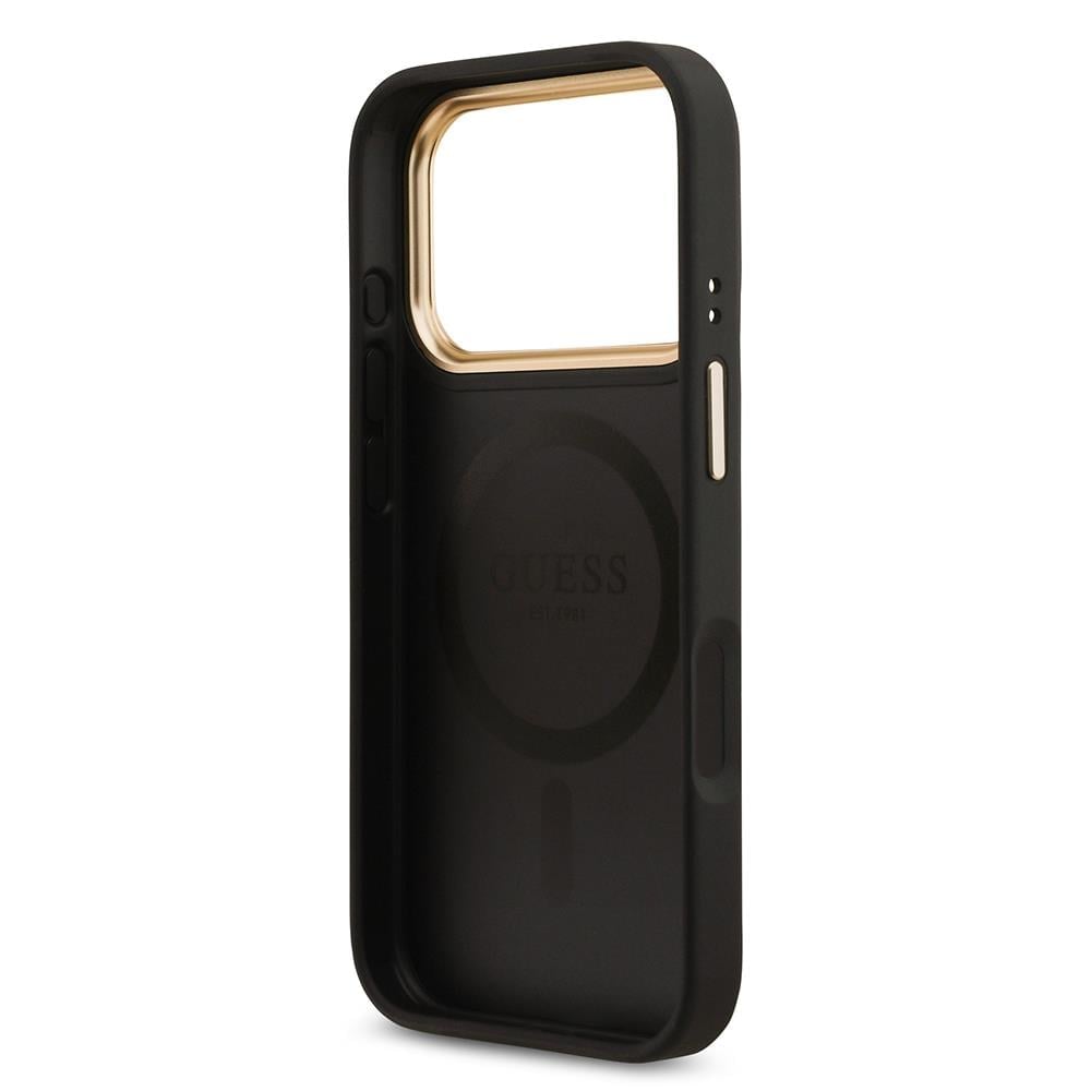 Apple iPhone 17 Pro Kılıf Guess Orjinal Lisanslı M-safe Şarj Özellikli Gold Metal Kamera Çerçeveli Taşlı 4G Logolu Kapak