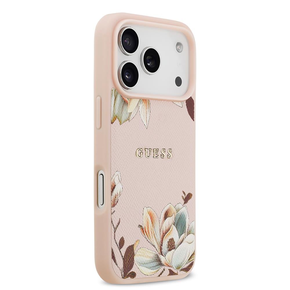 Apple iPhone 17 Pro Kılıf Guess Orjinal Lisanslı M-safe Şarj Özellikli Taneli Çiçek Tasarımlı Metal Yazı Logolu Kapak