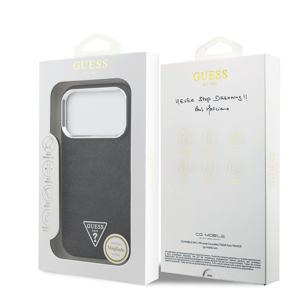 Apple iPhone 17 Pro Kılıf Guess Orjinal Lisanslı M-safe Şarj Özellikli Metal Kamera Çerçeveli Üçgen Logolu Glitter Kapak