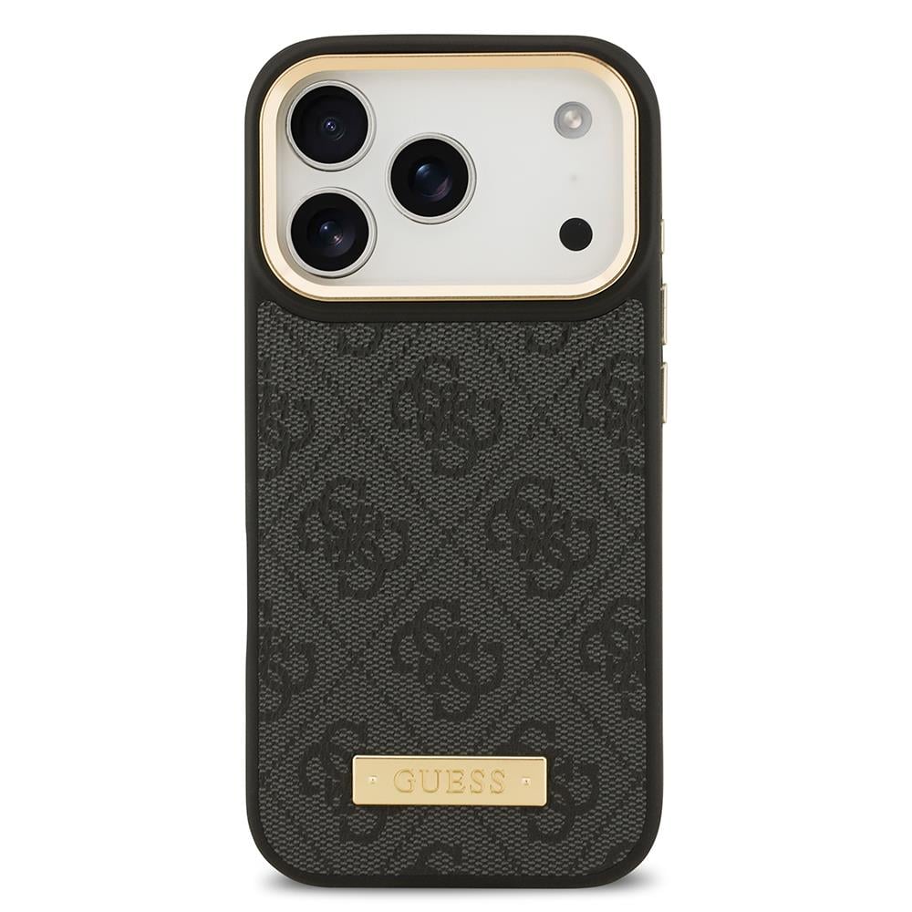 Apple iPhone 17 Pro Kılıf Guess Orjinal Lisanslı M-safe Şarj Özellikli 4G Desenli PU Metal Plaka Klasik Logolu Kapak